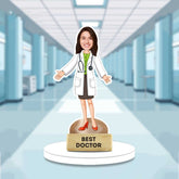 Doctor Lady Caricature Gift - Best Doctor Showpiece in acrylic with custom female figure in white coat, ideal for home decor or gifting.